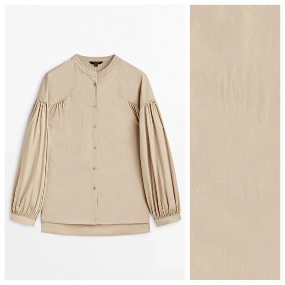 NWT. Massimo Dutti Beige Gathered Mandarin Collar Shirt. Size XS. - Picture 4 of 11